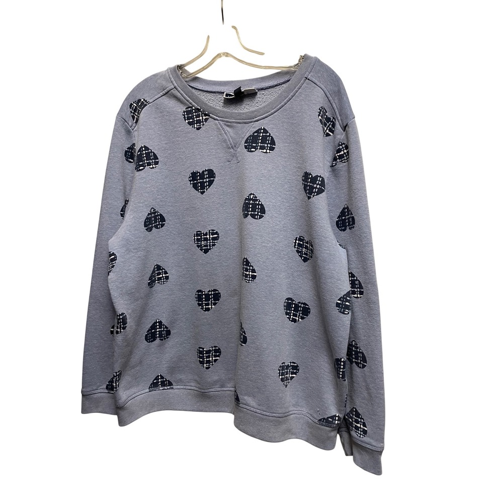 Karen Scott Sport Blue Plaid Heart Print Sweatshirt XL Crewneck Pullover
